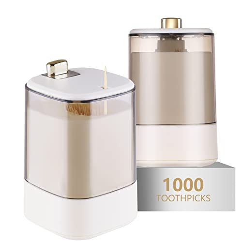 Toothpick Holder Dispenser——2pcs Pop-Up Automatic Toothpick Dispensers with 1,000 Toothpicks for Home Livingroom Kitchen Restaurant, Thickening Toothpicks Container, Novelty Sturdy Secure Toothpick Storage Box (A-WHITE*2)