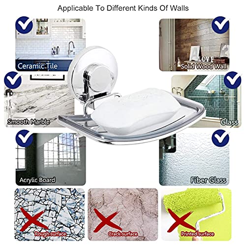 LEVERLOC Chrome Suction Cup Soap Dish Shower Caddy with 4 Hooks Suction Cup Shower Shelf One Second Installation Hanging Shower Rack Removable & Reusable for Shower Bathtub Kitchen