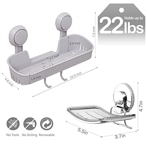 LEVERLOC Chrome Suction Cup Soap Dish Shower Caddy with 4 Hooks Suction Cup Shower Shelf One Second Installation Hanging Shower Rack Removable & Reusable for Shower Bathtub Kitchen