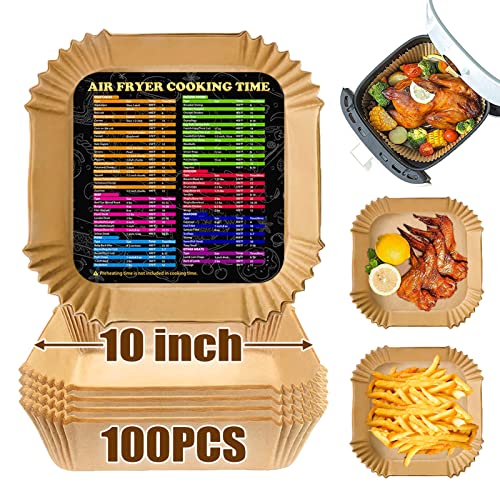 Air Fryer Disposable Paper Liner Square, 10 Inch Large Air Fryer Paper Liner 100PCS, Non-stick Parchment Paper Pads Oil Resistant, Waterproof, Food Grade Baking Paper for Roasting Microwave