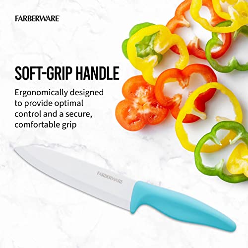 Farberware Ceramic Chef Knife with Custom-Fit Blade Cover, Razor-Sharp Kitchen Knife with Ergonomic Handle, Dishwasher-Safe, 6-inch, Aqua