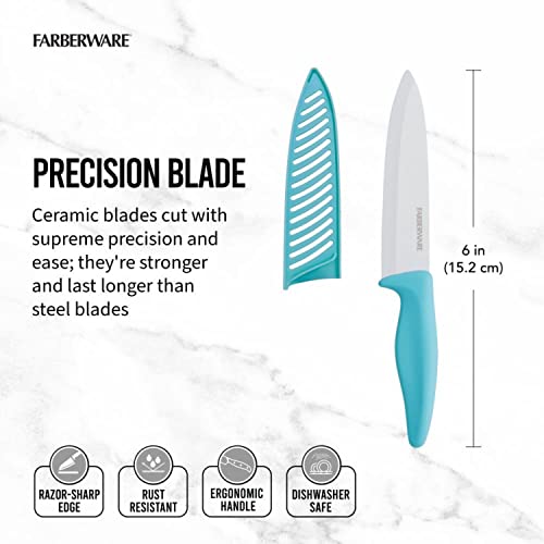 Farberware Ceramic Chef Knife with Custom-Fit Blade Cover, Razor-Sharp Kitchen Knife with Ergonomic Handle, Dishwasher-Safe, 6-inch, Aqua