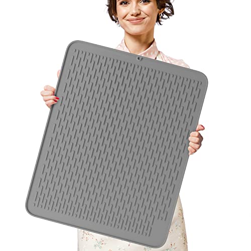 Extra Large (30 inch by 24 inch) heavy duty silicone dish drying mat (Gray, XL - 30"x24")