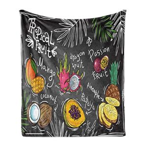 ambesonne fruit throw blanket, hand drawn mango dragon fruit papaya coconut and pineapple sketch tropical blackboard, flannel fleece accent piece soft couch cover for adults, 70" x 90", multicolor