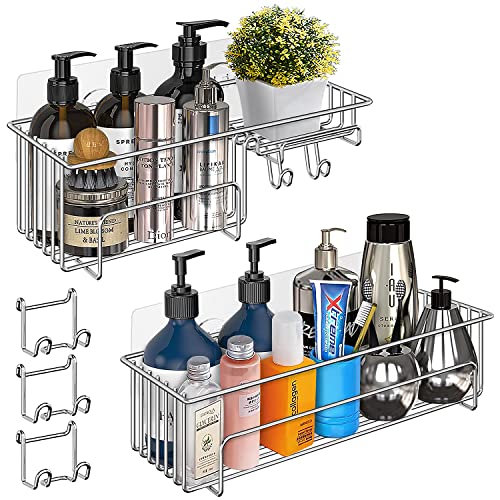 MIMIEYES Shower Caddy, 2 Pack Shower Caddy Bathroom Organizers, SUS 304 Stainless Steel Shower Shelf Inside Shower, Adhesive Wall Hanging Storage Organizer Shower Basket Kitchen Spice Rack