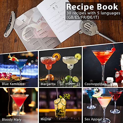 Cocktail Shaker Set Bartender Kit, Godmorn 15Pcs Bartender Shaker Set, 304 Stainless Steel Martini Shaker and Strainer, 550ml /19OZ Bar Tool Set With Bamboo Stand, Recipe Book, For Home And Bar