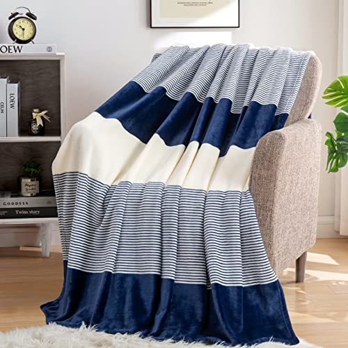 Homelike Moment Fleece Throw Blanket for Couch Navy Blue 50x60, Soft Cozy Blue White Striped Flannel Blankets for Sofa Bed Warm Lightweight (Navy Blue, 50x60 Inches)