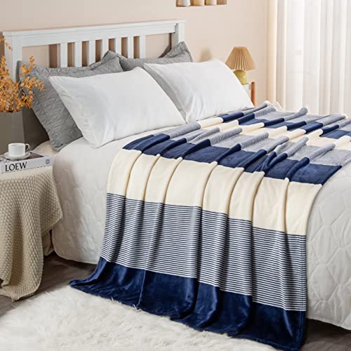 Homelike Moment Fleece Throw Blanket for Couch Navy Blue 50x60, Soft Cozy Blue White Striped Flannel Blankets for Sofa Bed Warm Lightweight (Navy Blue, 50x60 Inches)