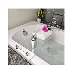 wanlian transparent bathtub caddy tray, transparent acrylic bathroom tray, with durable handles, holds phone, books, candles, food, wine and tablet (silver handle bathtub tray)