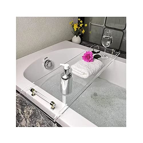 WANLIAN Transparent Bathtub Caddy Tray, Transparent Acrylic Bathroom Tray, with Durable Handles, Holds Phone, Books, Candles, Food, Wine and Tablet (Silver Handle Bathtub Tray)