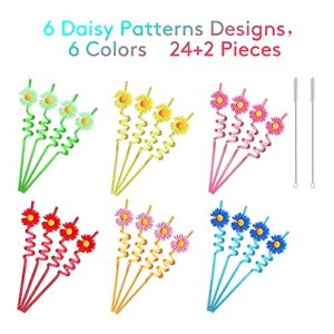 24 Daisy Flower Drinking Straws with 2 PCS Straws Cleaning Brush for Summer Spring Birthday Girl Party Supplies Favors Decorations