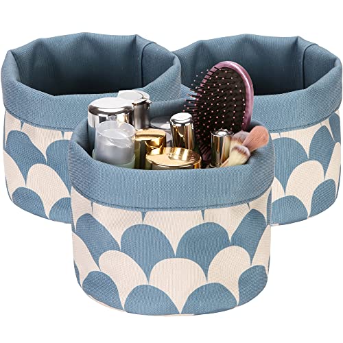 Sea Team 3-Pack Canvas Fabric Cosmetic Makeup Organizer, Small Toiletry Storage Basket, Caddy, Case for Vanity, Countertop, Entryway, Bathroom, Kid’s Room, 7.5 x 8 Inches, Blue Sector