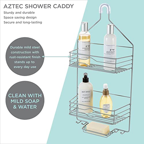 Bath Bliss Aztec Hanging Shower Caddy | Bathroom Storage & Organization | Shower Head Hang | Holds Large Bottles | Accessory Hooks | Suction Cup Backing | Grey