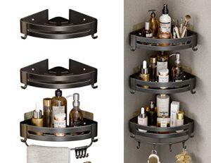 lamchyar corner shower caddy, 3 tiers shower organizer, aluminium shower shelfs with 10 removable hooks and towel bar, no-drilling wall adhesive installation(black)