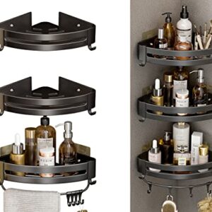 LamChyar Corner Shower Caddy, 3 Tiers Shower Organizer, Aluminium Shower Shelfs with 10 Removable Hooks and Towel Bar, No-Drilling Wall Adhesive Installation(Black)