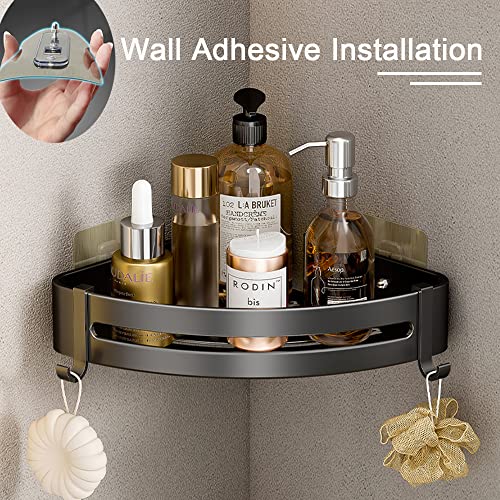 LamChyar Corner Shower Caddy, 3 Tiers Shower Organizer, Aluminium Shower Shelfs with 10 Removable Hooks and Towel Bar, No-Drilling Wall Adhesive Installation(Black)