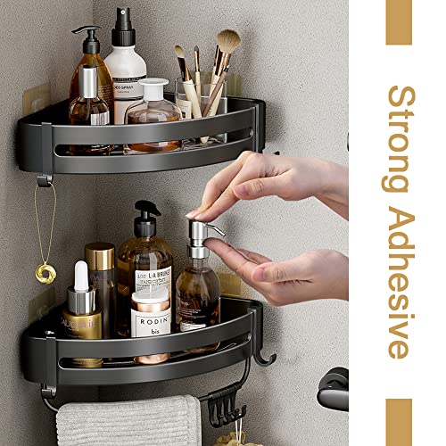LamChyar Corner Shower Caddy, 3 Tiers Shower Organizer, Aluminium Shower Shelfs with 10 Removable Hooks and Towel Bar, No-Drilling Wall Adhesive Installation(Black)