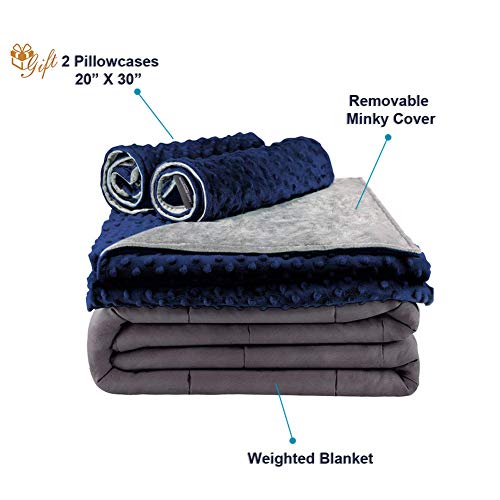 Secura Everyday Luxury Premium Adult Weighted Blanket & Removable Blue Minky Cover & 2 Pillowcases (20 lbs 60 x 80 Queen Size, 100% Cotton Material with Glass Beads)