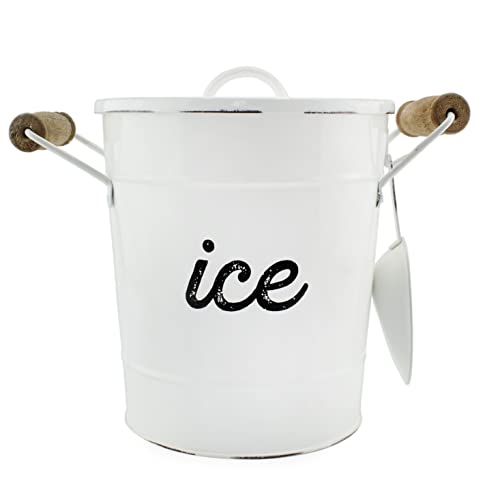 AuldHome Rustic Enamelware Ice Bucket; White Farmhouse Style Insulated Ice Server