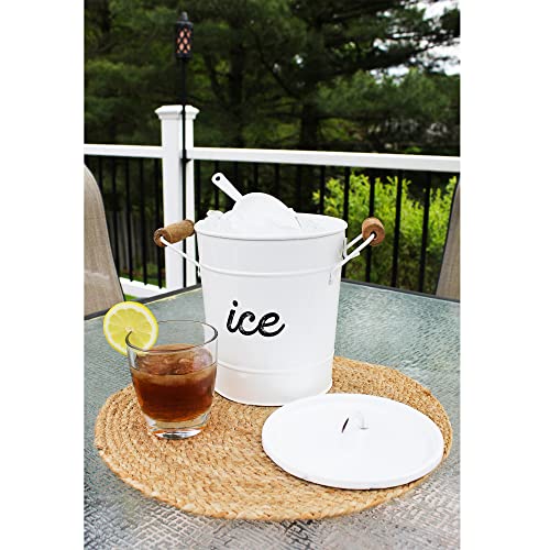 AuldHome Rustic Enamelware Ice Bucket; White Farmhouse Style Insulated Ice Server