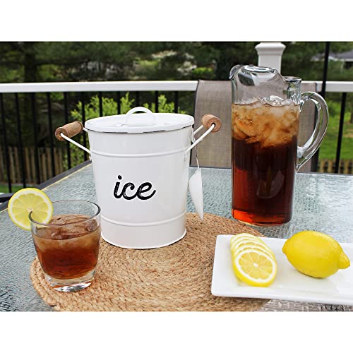 AuldHome Rustic Enamelware Ice Bucket; White Farmhouse Style Insulated Ice Server