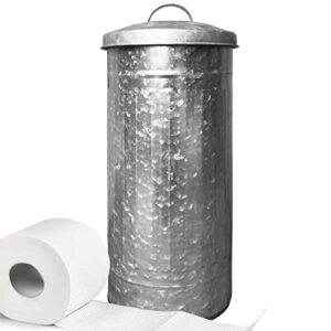 autumn alley farmhouse galvanized metal free standing toilet paper holder organizer stand canister with lid – fits 3 mega rolls, rustic behind/beside toilet storage stand