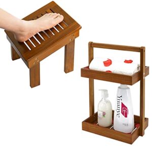 Utoplike Teak Wood Shower Foot Stool for Shaving Legs 2 Tier Shower Caddy Organizer