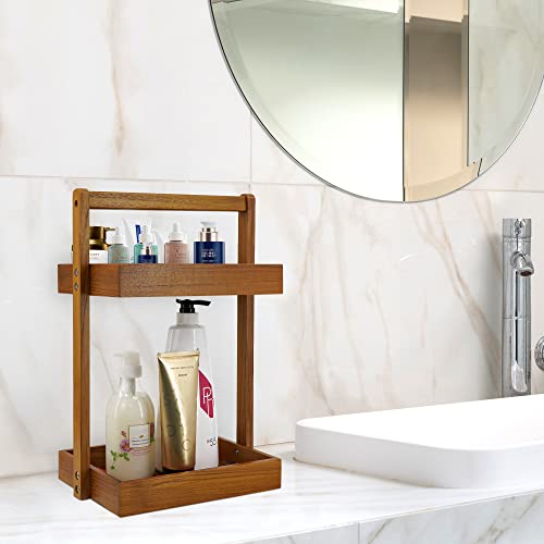 Utoplike Teak Wood Shower Foot Stool for Shaving Legs 2 Tier Shower Caddy Organizer