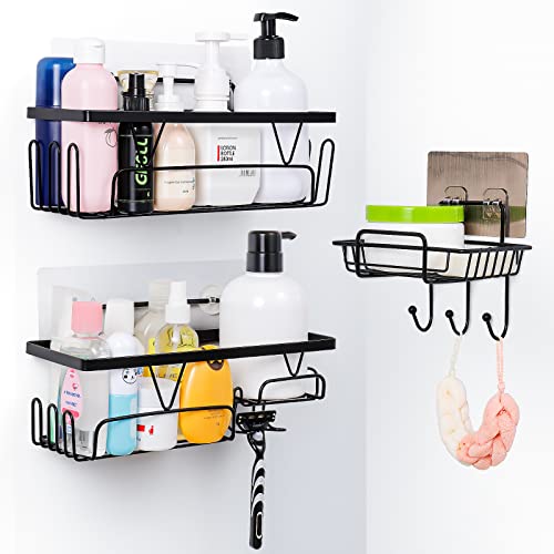 ANKEWY Shower Caddy Shelf Basket 2-Pack with Soap Holder, No Drilling Adhesive Wall Mount Shower Shelf, Stainless Steel Black Bathroom Shower Storage Organizer with Hooks for Bathroom,Toilet, Kitchen