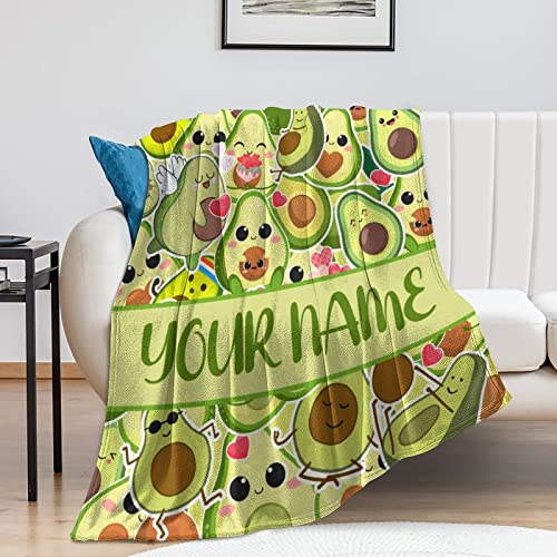 Custom Name Avocado Blanket Gifts, 40"x30" Avocado Print Throw Blankets, Personalized Flannel Fuzzy Soft Plush Blanket for Girls Boys, Gifts for Avocado Lovers, Cozy Throw Blanket for Sofa Bed Couch