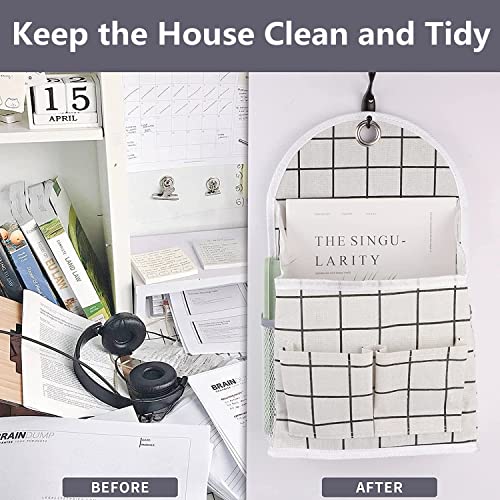 FYY Wall Hanging Storage Caddy Bag, Waterproof Over The Door Closet Organizer Basket with Hook Cotton Linen Storage Caddy Basket Pouch Bag for Bedroom Bathroom Living Room White