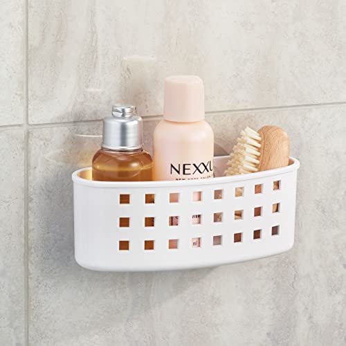 mDesign Plastic Suction Shower Caddy Storage Basket - Soap and Sponge Holder for Bathroom Organization of Body Wash, Loofahs, Razors, Small Shampoo and Conditioner Bottles, Bath Bombs - White