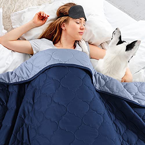 S a g i n o Weighted Blanket & Sleep Mask for Adults - Twin Size, 60"x80", 15lbs - Heavy Cooling Blankets with Premium Glass Bead for Restlessness, Navy (Inner Layer Grey)