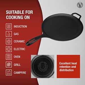 Victoria 12-Inch Cast-Iron Comal Pizza Pan with a Long Handle and a Loop Handle, Preseasoned with Flaxseed Oil, Made in Colombia