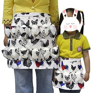 longsen egg apron 2 pack(adult 12 pockets + child 3 pockets), gathering and collecting chicken duck goose egg, suitable for housewife farmhouse kitchen restaurant parent-child activities, rooster, hen