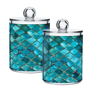 turquoise glass mosaic qtip holder dispenser teal geometric bathroom canister storage organization 2 pack clear plastic apothecary jars with lids vanity makeup organizer for cotton ball swab floss
