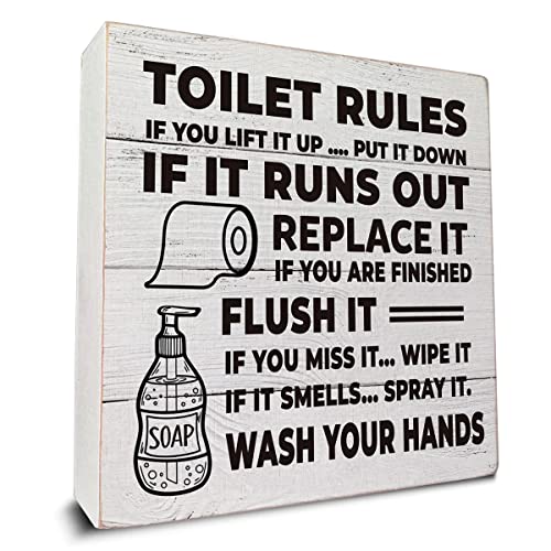 Rustic Toilet Rules If You Lift It up Wooden Box Sign Desk Decor Bathroom Quote Wood Box Sign for Home Bathroom Toilet Shelf Table Decoration 5 X 5 Inch