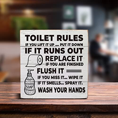 Rustic Toilet Rules If You Lift It up Wooden Box Sign Desk Decor Bathroom Quote Wood Box Sign for Home Bathroom Toilet Shelf Table Decoration 5 X 5 Inch