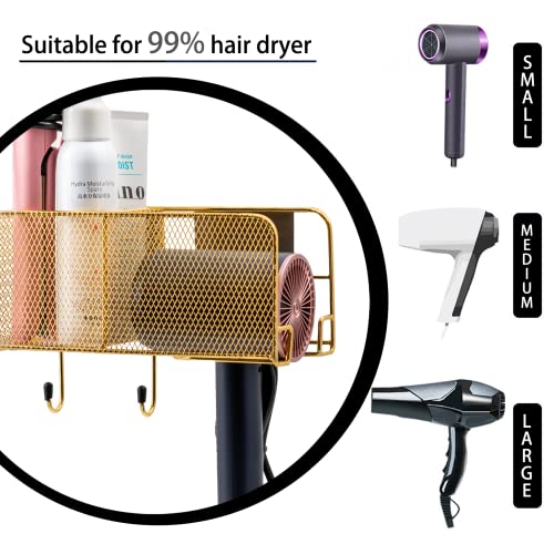 Hair Dryer Holder,Metal Hair Tool Organizer with 2 Hook,Bathroom Accessories Organizer for Hair Dryer, Curling Iron, Hair Brushes , Flat Iron, Hair Straightener,Gold Hair Styling Tools Organizer