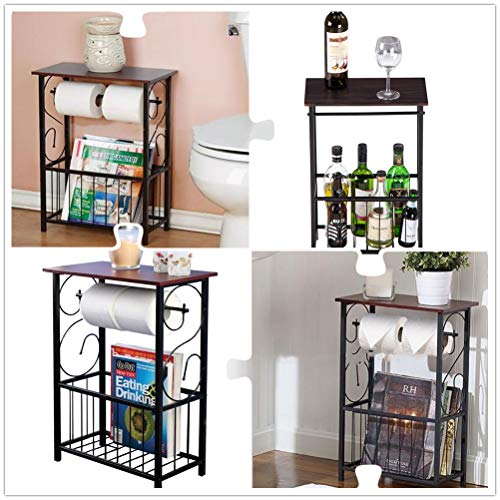 WEI WEI GLOBAL Toilet Paper Holder and Magazine Rack Side Table, Bathroom Storage Table Stand Shelf with Wooden Top and Metal Frame, Brown