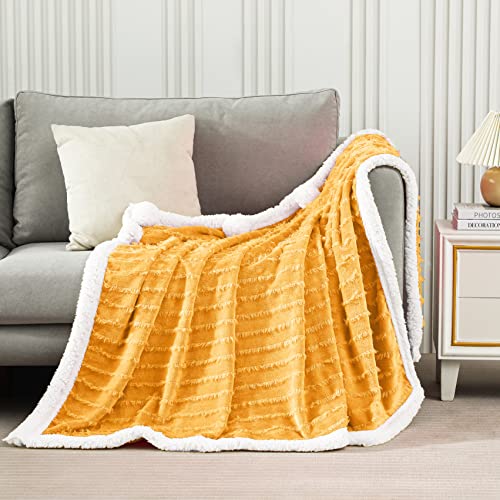 Exclusivo Mezcla Tassel Fleece Throw Blanket for Couch, Sofa, Bed, Soft Wrap Poncho Blanket, Lightweight and Warm (50x70 Inches, Mustard Yellow)