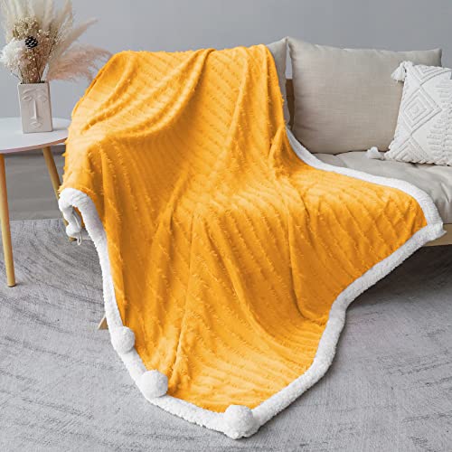 Exclusivo Mezcla Tassel Fleece Throw Blanket for Couch, Sofa, Bed, Soft Wrap Poncho Blanket, Lightweight and Warm (50x70 Inches, Mustard Yellow)