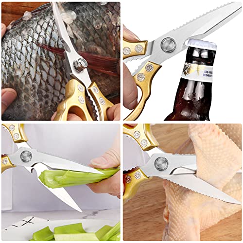 AWinjoy Kitchen Scissors, Heavy Duty Sharp Kitchen Shears Dishwasher Safe,Gold Kitchen Accessories Cooking Shears for Kitchen Meat Chicken Fish Poultry Herb Bread (Gold)