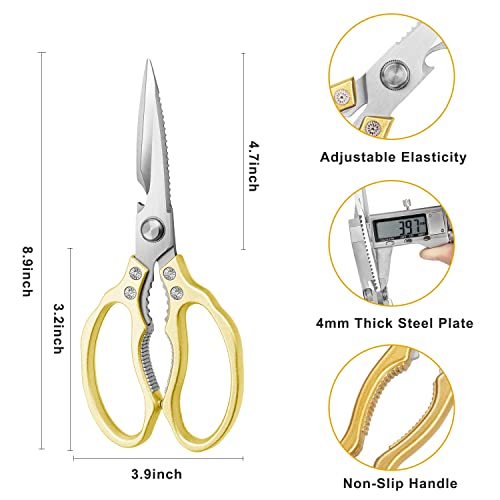 AWinjoy Kitchen Scissors, Heavy Duty Sharp Kitchen Shears Dishwasher Safe,Gold Kitchen Accessories Cooking Shears for Kitchen Meat Chicken Fish Poultry Herb Bread (Gold)