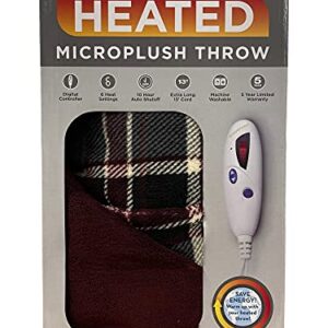 Biddeford Blankets Micro Plush Electric Heated Blanket with Digital Controller, Throw, Burgundy/Grey Plaid