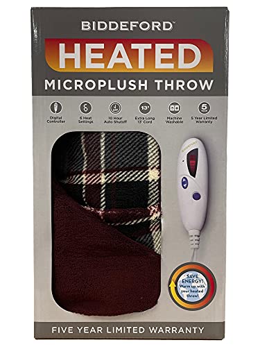 Biddeford Blankets Micro Plush Electric Heated Blanket with Digital Controller, Throw, Burgundy/Grey Plaid