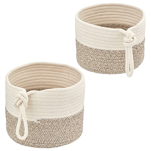 mDesign Casual Round Woven Cotton Rope Bathroom Basket with Tie Handles - Storage Organizer Set for Countertop, Floor, Closet or Vanity, Holds Toilet Paper, Towels, or Magazines, Set of 2, White/Brown