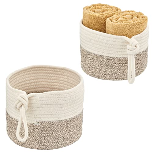 mDesign Casual Round Woven Cotton Rope Bathroom Basket with Tie Handles - Storage Organizer Set for Countertop, Floor, Closet or Vanity, Holds Toilet Paper, Towels, or Magazines, Set of 2, White/Brown