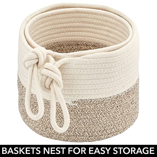 mDesign Casual Round Woven Cotton Rope Bathroom Basket with Tie Handles - Storage Organizer Set for Countertop, Floor, Closet or Vanity, Holds Toilet Paper, Towels, or Magazines, Set of 2, White/Brown