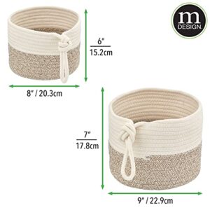 mDesign Casual Round Woven Cotton Rope Bathroom Basket with Tie Handles - Storage Organizer Set for Countertop, Floor, Closet or Vanity, Holds Toilet Paper, Towels, or Magazines, Set of 2, White/Brown